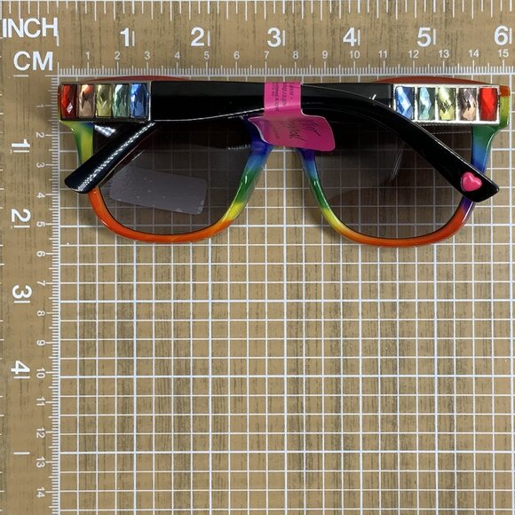 NWT Betsey Johnson Square Thick Black Rainbow Jeweled Rhinestone Sunglasses - Picture 15 of 16